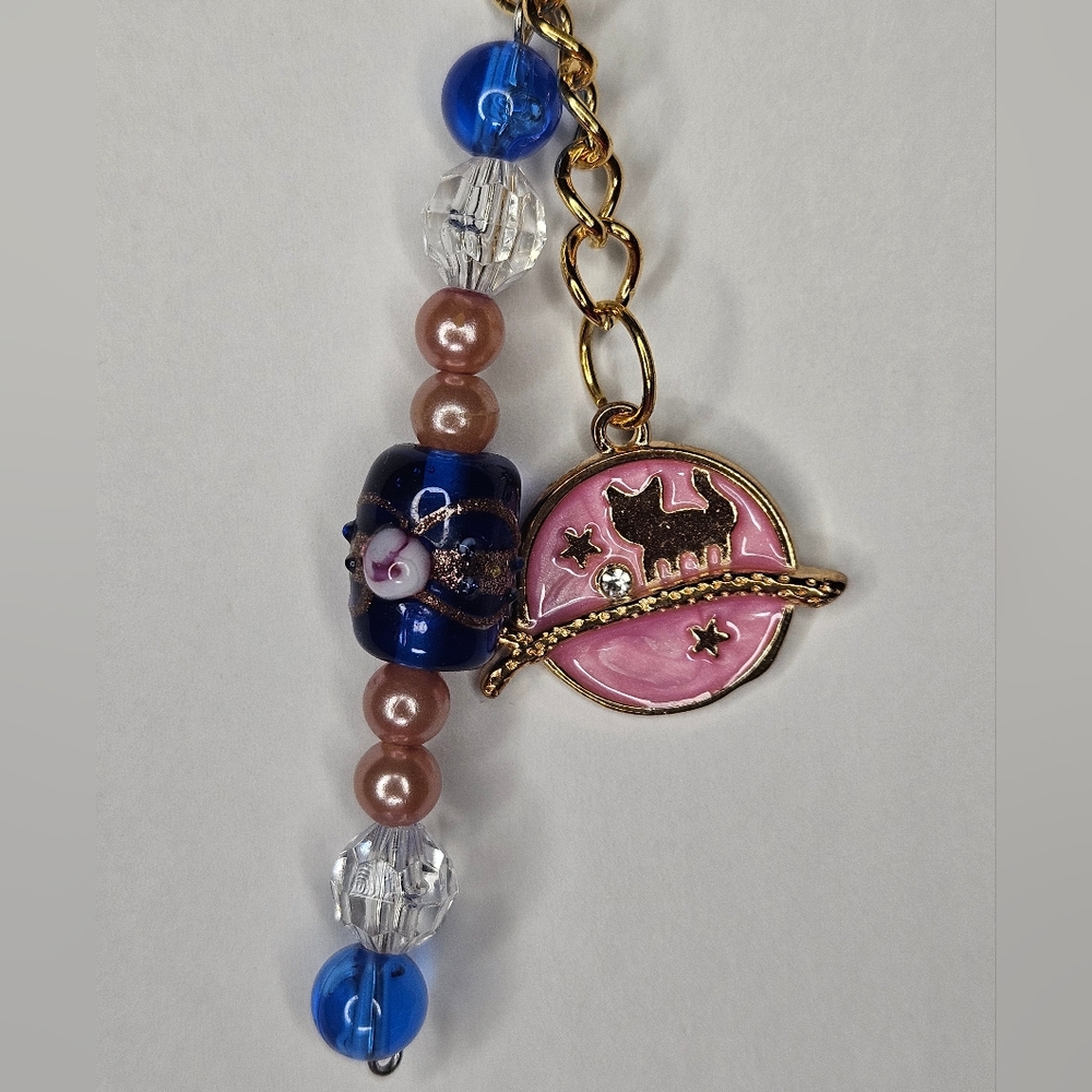 Cat, Stars, Beaded Keychain Handmade NEW